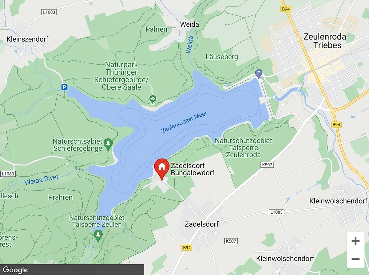 Lage- und Anfahrtskarte des Bungalowdorfs Zadelsdorf an der Talsperre Zeulenroda