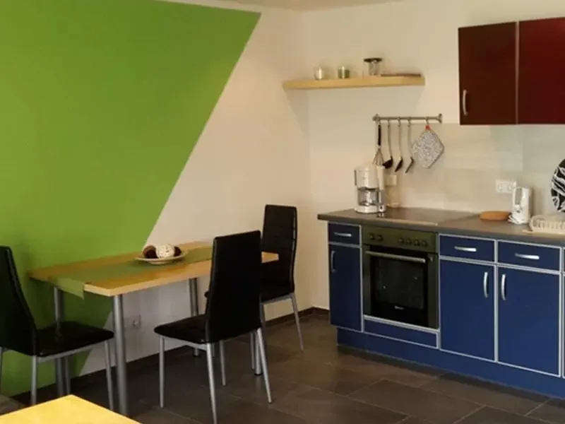 Bungalow 079 am Zeulenrodaer Meer – Küche mit Kochfeld und Kühlschrank