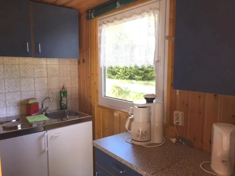 Bungalow 125 am Zeulenrodaer Meer – Küche mit Kochfeld und Kühlschrank